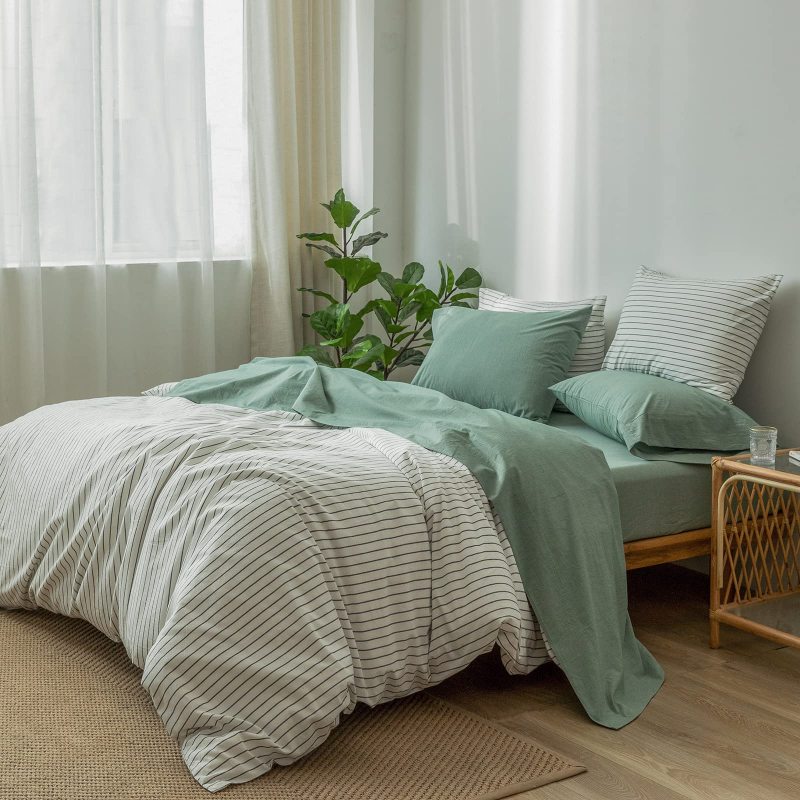 改MooMee Bedding Sheet Set 100% Washed Cotton Linen Like Textured Breathable Durable Soft Comfy (Dark Grey, King)