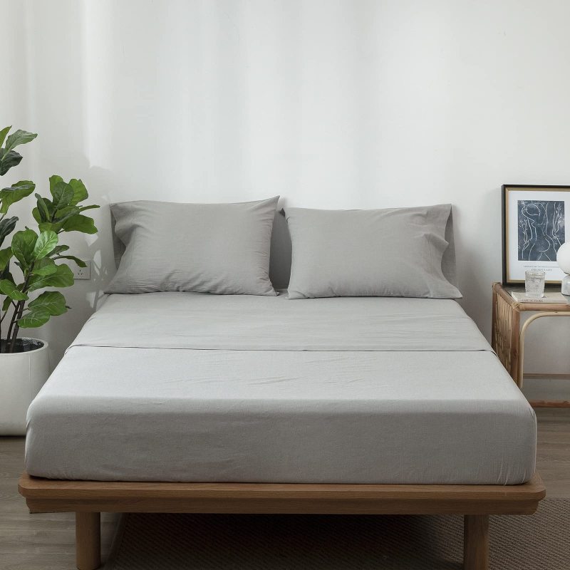 1   MooMee Bedding Sheet Set 100% Washed Cotton Linen Like Textured Breathable Durable Soft Comfy (Dark Grey, King)