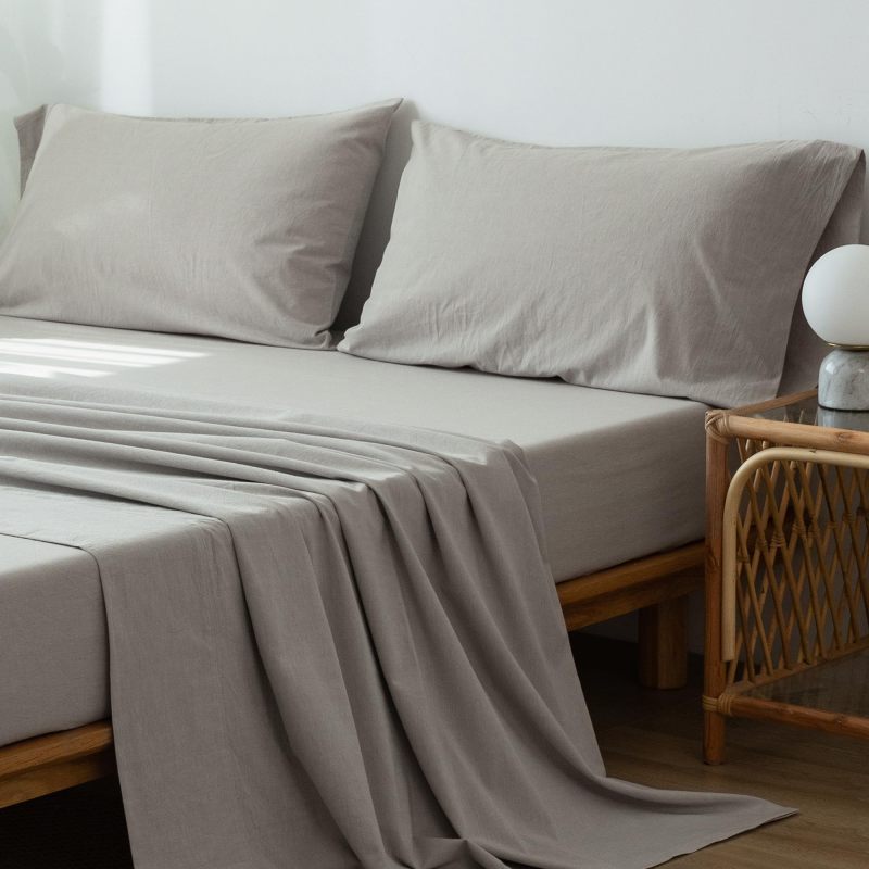 1   MooMee Bedding Sheet Set 100% Washed Cotton Linen Like Textured Breathable Durable Soft Comfy (Dark Grey, King)