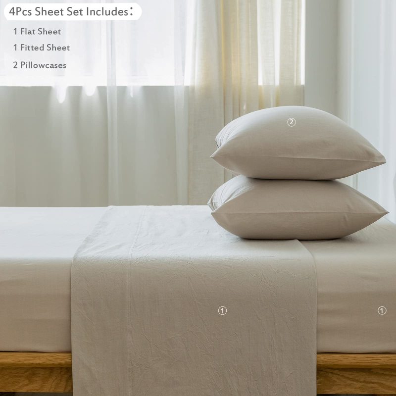 1   MooMee Bedding Sheet Set 100% Washed Cotton Linen Like Textured Breathable Durable Soft Comfy (Dark Grey, King)