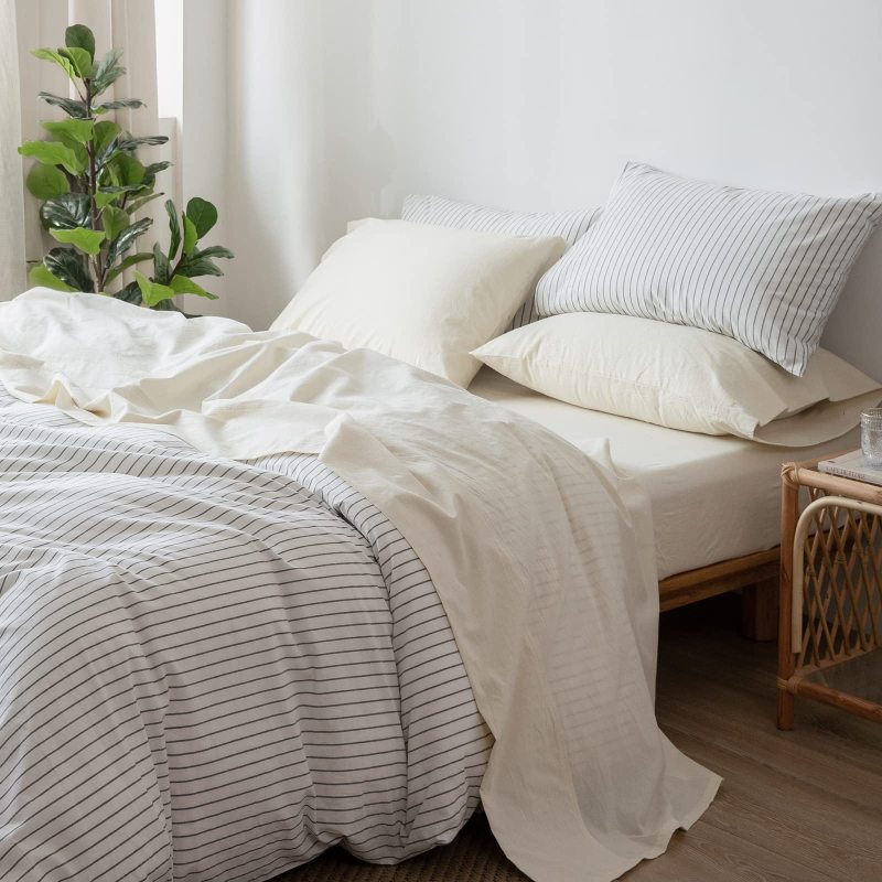 1   MooMee Bedding Sheet Set 100% Washed Cotton Linen Like Textured Breathable Durable Soft Comfy (Dark Grey, King)