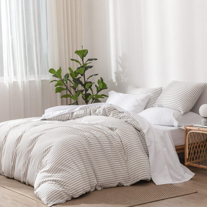 1   MooMee Bedding Sheet Set 100% Washed Cotton Linen Like Textured Breathable Durable Soft Comfy (Dark Grey, King)