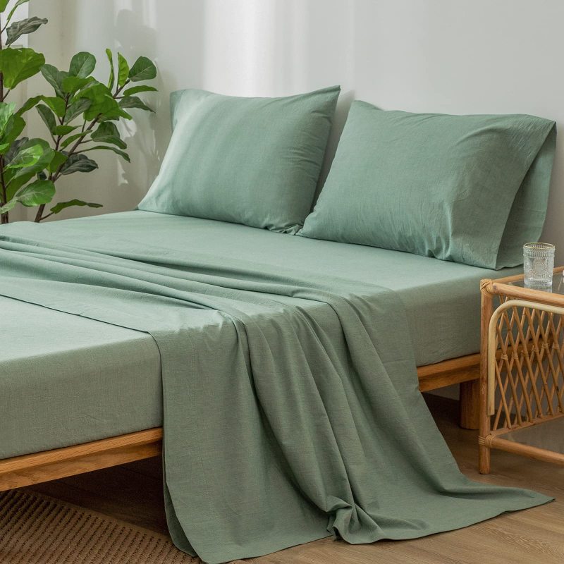 改MooMee Bedding Sheet Set 100% Washed Cotton Linen Like Textured Breathable Durable Soft Comfy (Dark Grey, King)