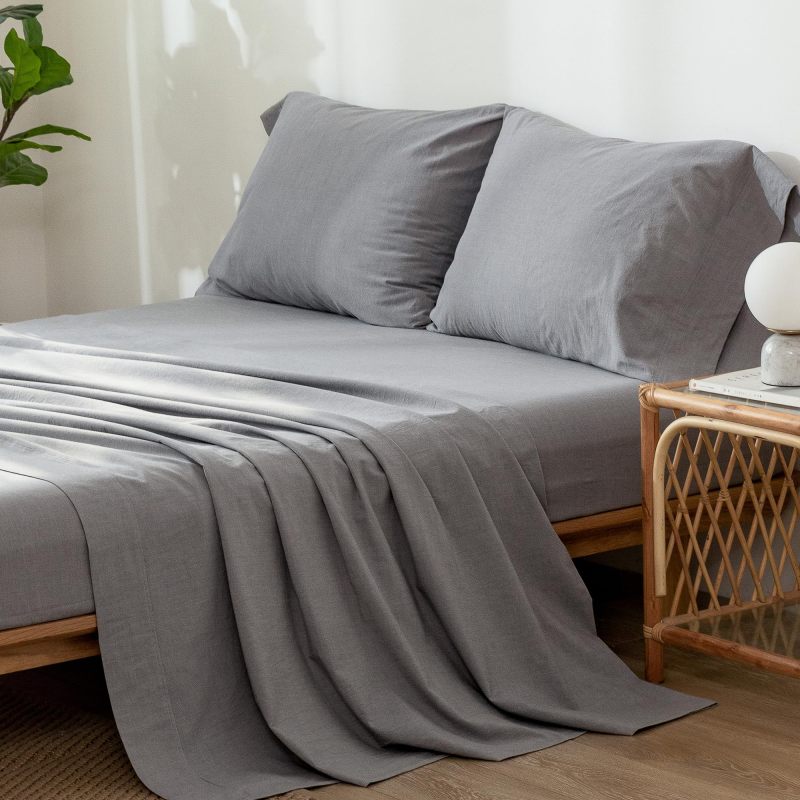 1   MooMee Bedding Sheet Set 100% Washed Cotton Linen Like Textured Breathable Durable Soft Comfy (Dark Grey, King)