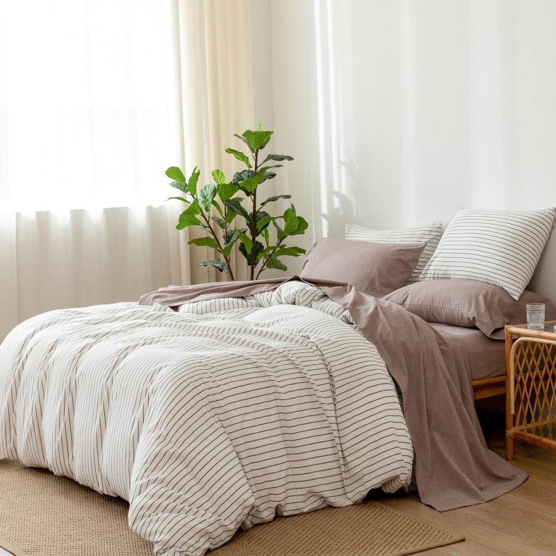 1   MooMee Bedding Sheet Set 100% Washed Cotton Linen Like Textured Breathable Durable Soft Comfy (Dark Grey, King)