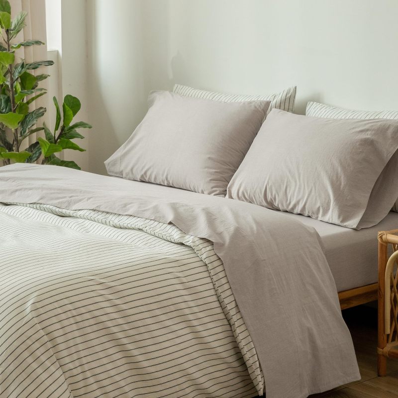 1   MooMee Bedding Sheet Set 100% Washed Cotton Linen Like Textured Breathable Durable Soft Comfy (Dark Grey, King)