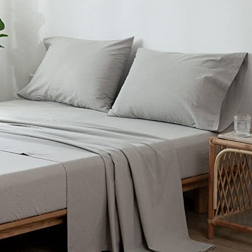 1   MooMee Bedding Sheet Set 100% Washed Cotton Linen Like Textured Breathable Durable Soft Comfy (Dark Grey, King)