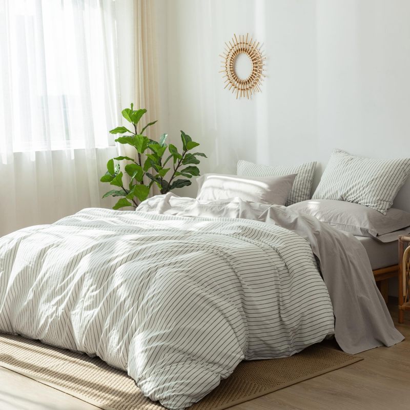 1   MooMee Bedding Sheet Set 100% Washed Cotton Linen Like Textured Breathable Durable Soft Comfy (Dark Grey, King)