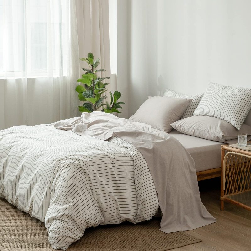 1   MooMee Bedding Sheet Set 100% Washed Cotton Linen Like Textured Breathable Durable Soft Comfy (Dark Grey, King)