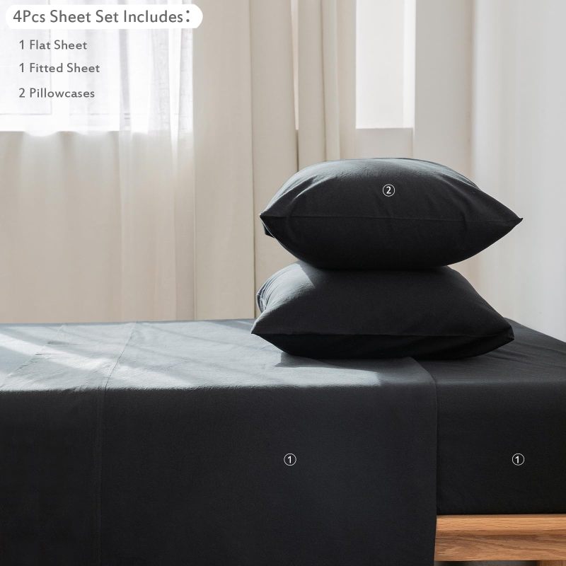 1   MooMee Bedding Sheet Set 100% Washed Cotton Linen Like Textured Breathable Durable Soft Comfy (Dark Grey, King)