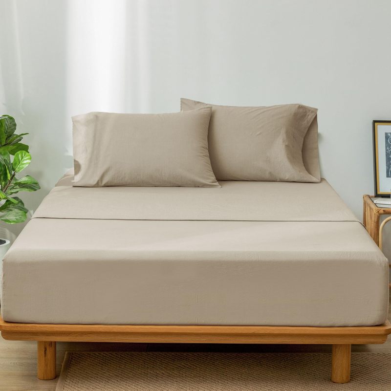 1   MooMee Bedding Sheet Set 100% Washed Cotton Linen Like Textured Breathable Durable Soft Comfy (Dark Grey, King)