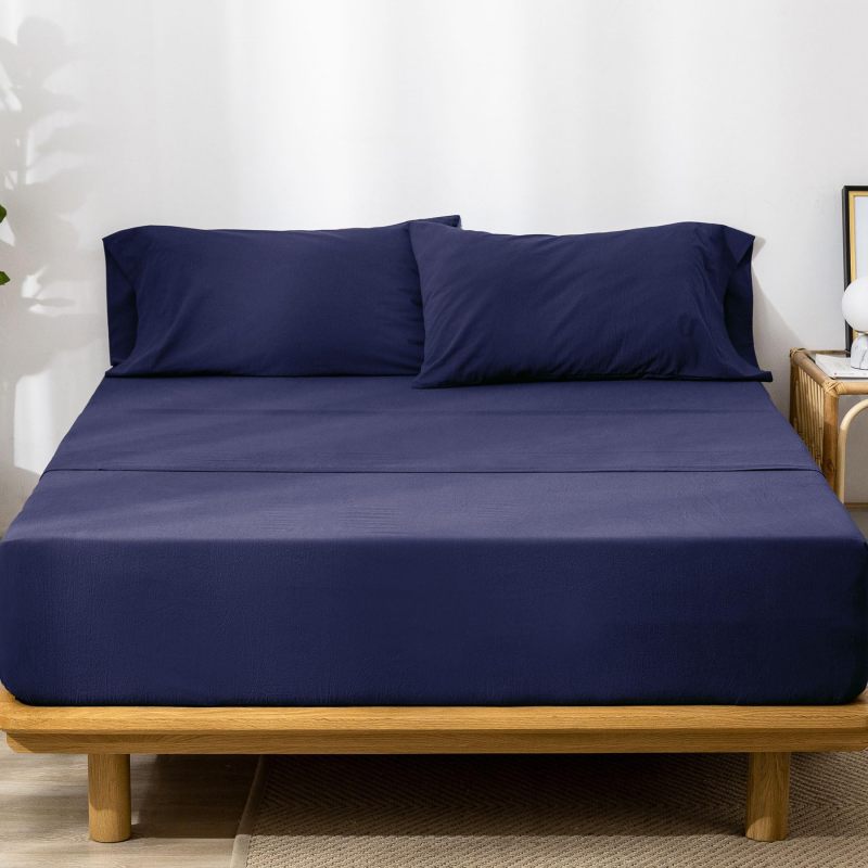 改MooMee Bedding Sheet Set 100% Washed Cotton Linen Like Textured Breathable Durable Soft Comfy (Dark Grey, King)