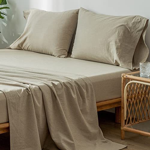 1   MooMee Bedding Sheet Set 100% Washed Cotton Linen Like Textured Breathable Durable Soft Comfy (Dark Grey, King)