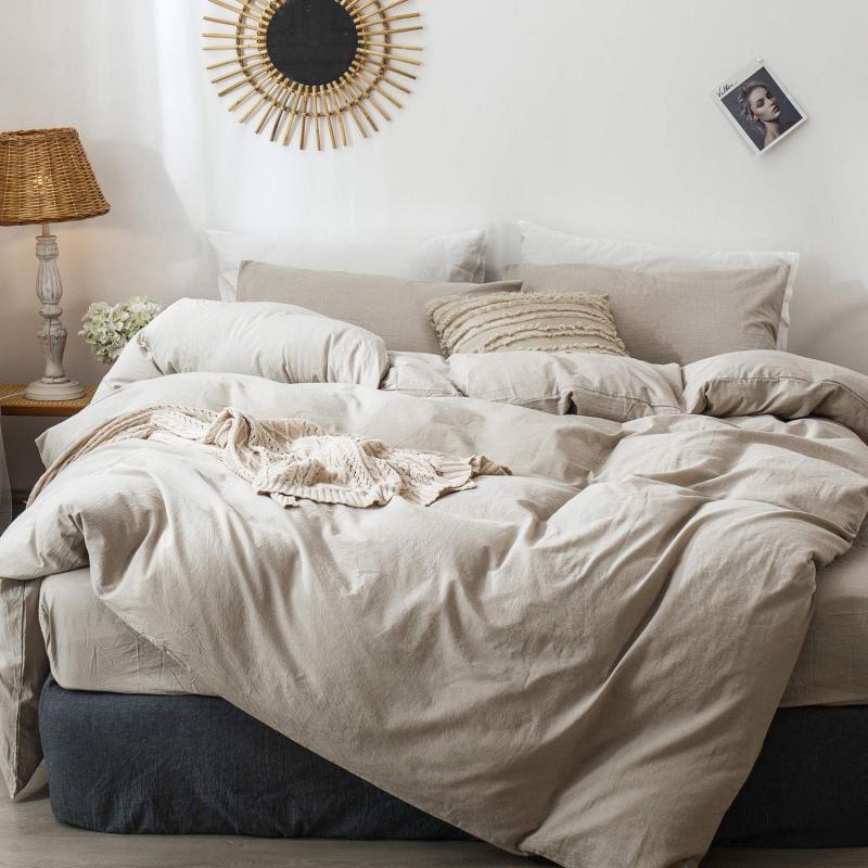 1   MooMee Bedding Sheet Set 100% Washed Cotton Linen Like Textured Breathable Durable Soft Comfy (Dark Grey, King)
