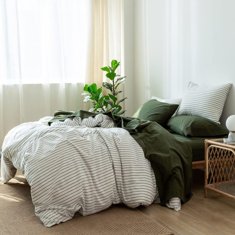 1   MooMee Bedding Sheet Set 100% Washed Cotton Linen Like Textured Breathable Durable Soft Comfy (Dark Grey, King)