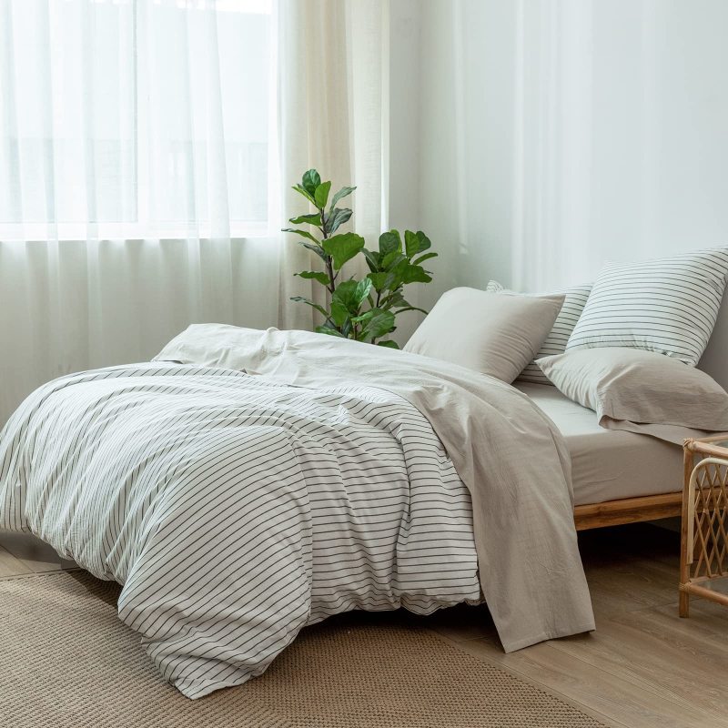 1   MooMee Bedding Sheet Set 100% Washed Cotton Linen Like Textured Breathable Durable Soft Comfy (Dark Grey, King)