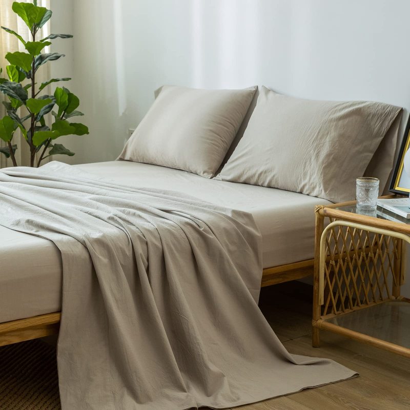 1   MooMee Bedding Sheet Set 100% Washed Cotton Linen Like Textured Breathable Durable Soft Comfy (Dark Grey, King)