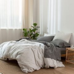 1   MooMee Bedding Sheet Set 100% Washed Cotton Linen Like Textured Breathable Durable Soft Comfy (Dark Grey, King)