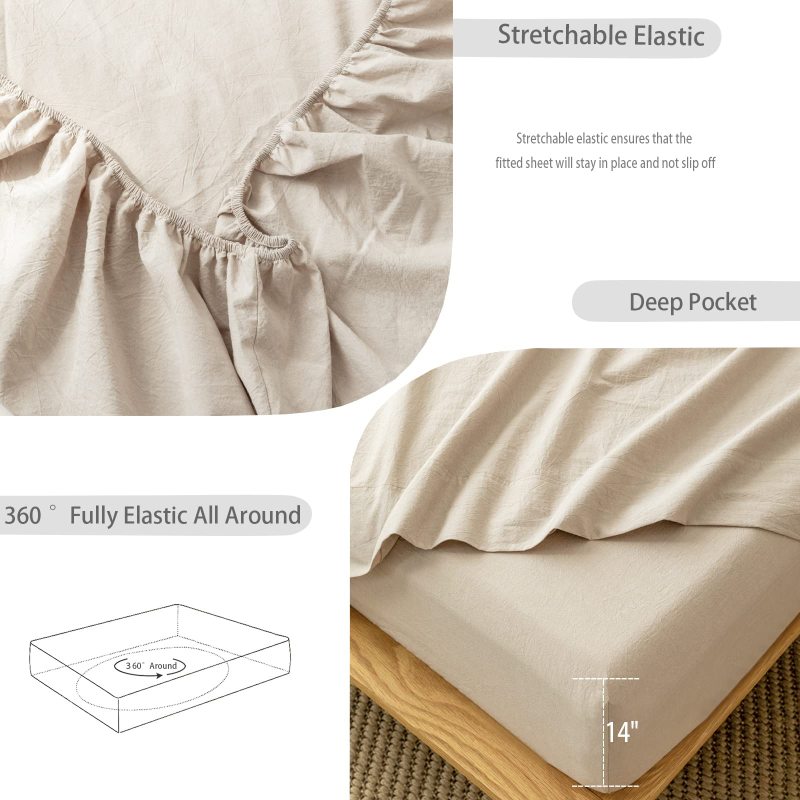 1   MooMee Bedding Sheet Set 100% Washed Cotton Linen Like Textured Breathable Durable Soft Comfy (Dark Grey, King)
