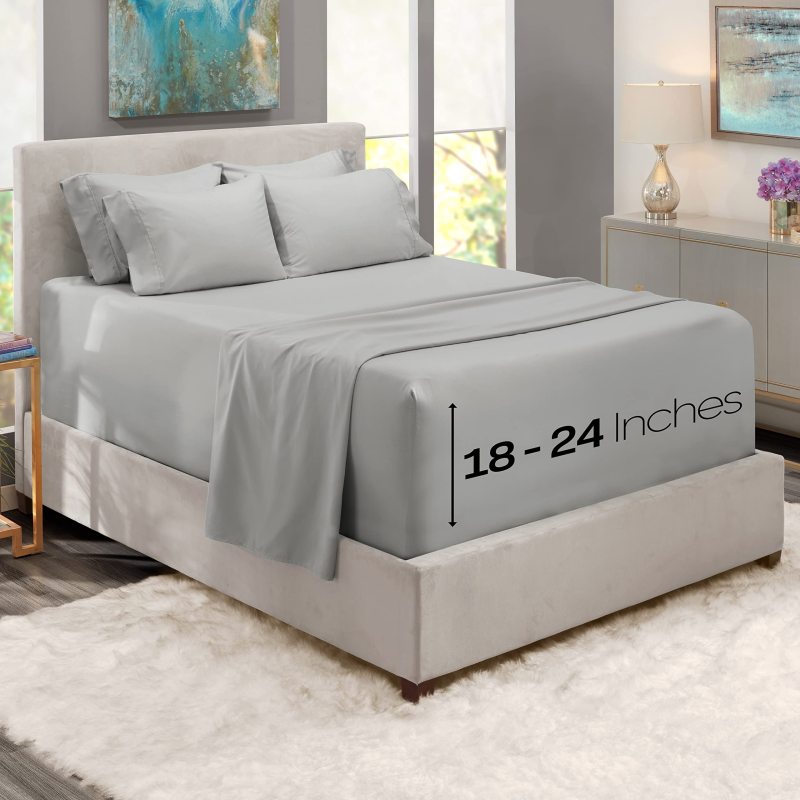 1Extra Deep Pocket King Size Sheets Sets - Fits Mattress 18-24 Inches Deep - Extra Deep Pocket Sheets - 6 Piece King Size Sheets - King Sheets Deep Pocket - Grey Sheets