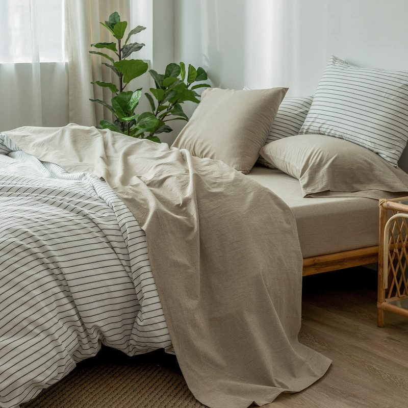1   MooMee Bedding Sheet Set 100% Washed Cotton Linen Like Textured Breathable Durable Soft Comfy (Dark Grey, King)