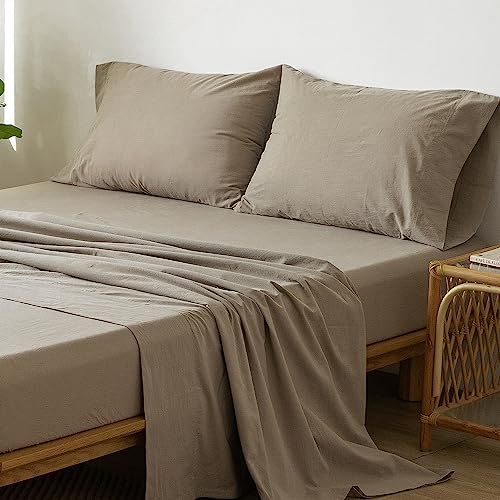 1   MooMee Bedding Sheet Set 100% Washed Cotton Linen Like Textured Breathable Durable Soft Comfy (Dark Grey, King)