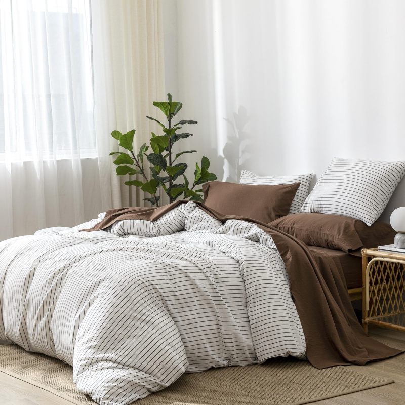 1   MooMee Bedding Sheet Set 100% Washed Cotton Linen Like Textured Breathable Durable Soft Comfy (Dark Grey, King)