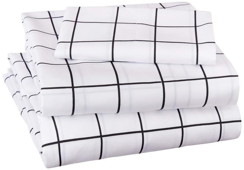 改Amazon Basics Soft Microfiber 4-Piece Bed Sheet Set with Elastic Side Pockets, Full, Black Grid, Geometric