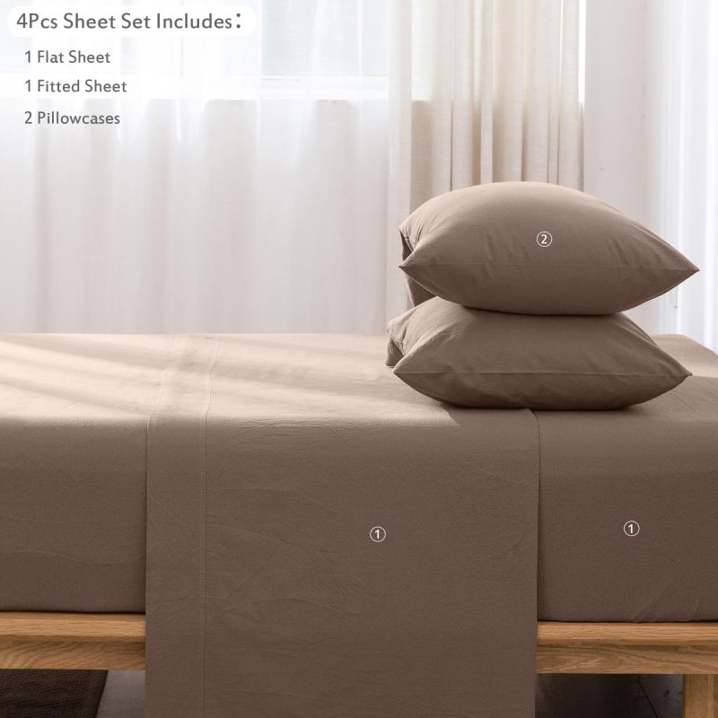 1   MooMee Bedding Sheet Set 100% Washed Cotton Linen Like Textured Breathable Durable Soft Comfy (Dark Grey, King)