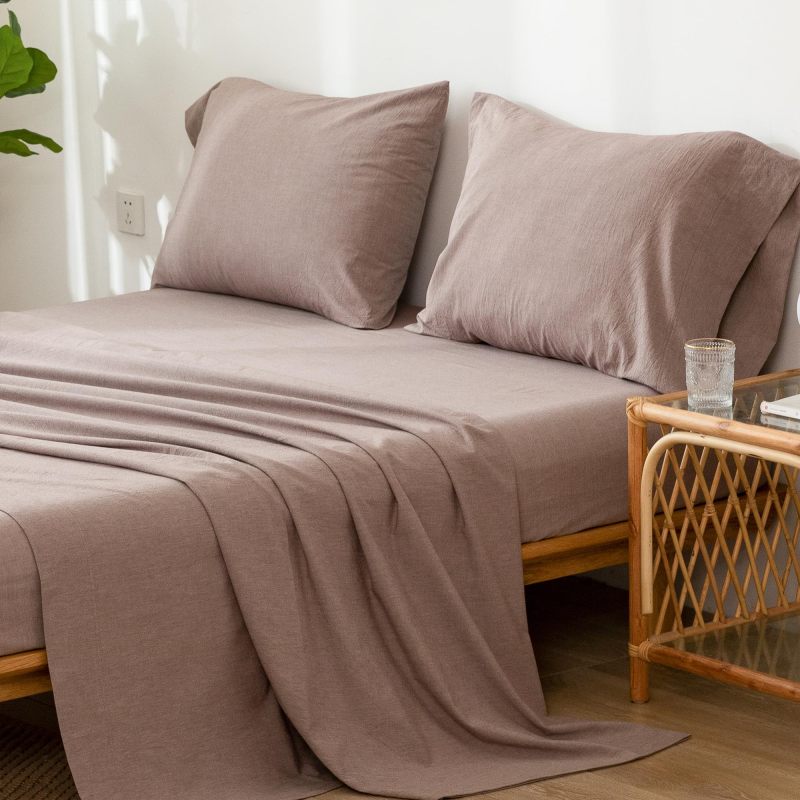 1   MooMee Bedding Sheet Set 100% Washed Cotton Linen Like Textured Breathable Durable Soft Comfy (Dark Grey, King)