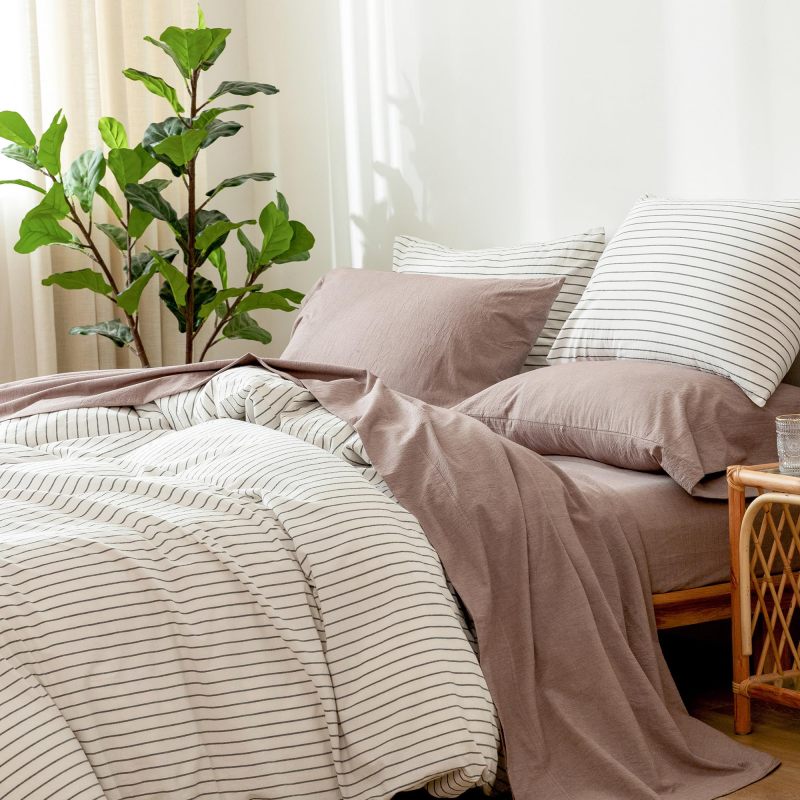1   MooMee Bedding Sheet Set 100% Washed Cotton Linen Like Textured Breathable Durable Soft Comfy (Dark Grey, King)