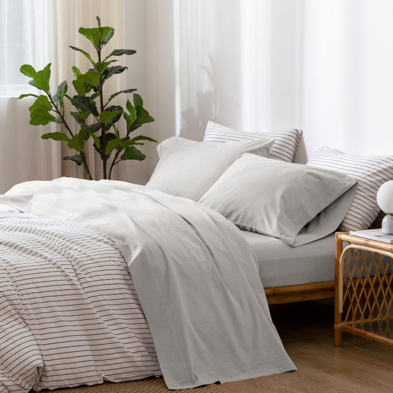 1   MooMee Bedding Sheet Set 100% Washed Cotton Linen Like Textured Breathable Durable Soft Comfy (Dark Grey, King)