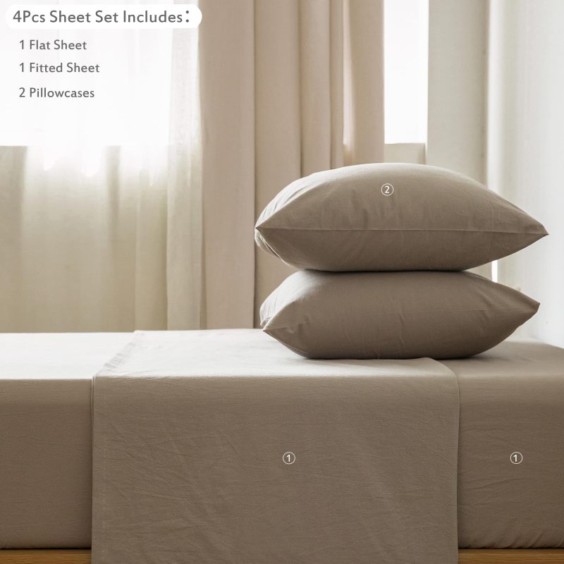 1   MooMee Bedding Sheet Set 100% Washed Cotton Linen Like Textured Breathable Durable Soft Comfy (Dark Grey, King)