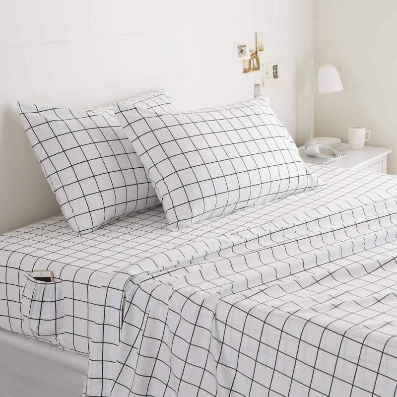 改Amazon Basics Soft Microfiber 4-Piece Bed Sheet Set with Elastic Side Pockets, Full, Black Grid, Geometric