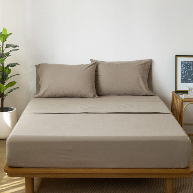 1   MooMee Bedding Sheet Set 100% Washed Cotton Linen Like Textured Breathable Durable Soft Comfy (Dark Grey, King)