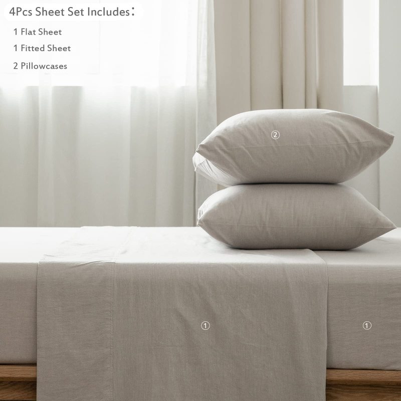 1   MooMee Bedding Sheet Set 100% Washed Cotton Linen Like Textured Breathable Durable Soft Comfy (Dark Grey, King)