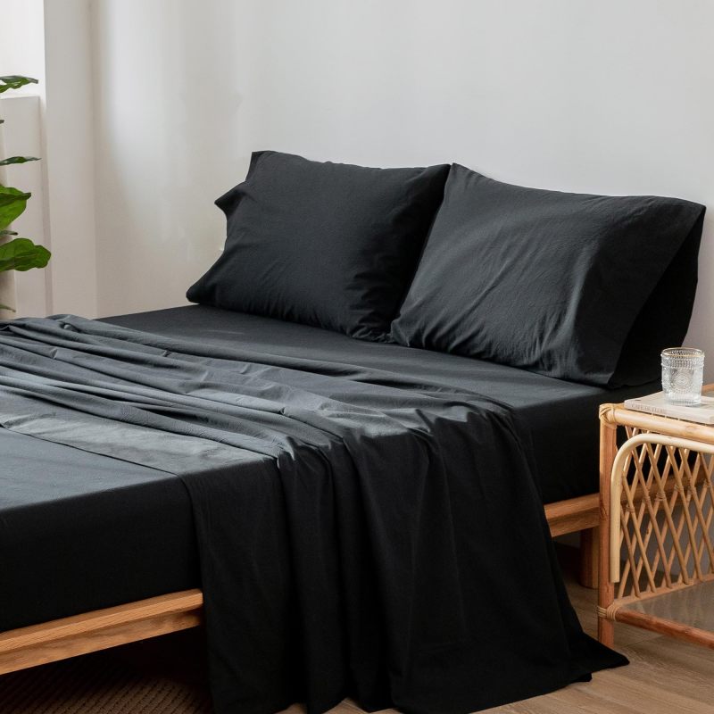 1   MooMee Bedding Sheet Set 100% Washed Cotton Linen Like Textured Breathable Durable Soft Comfy (Dark Grey, King)