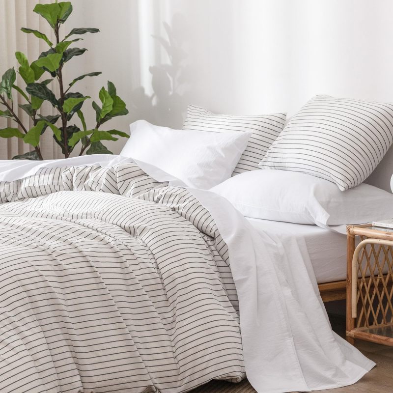 1   MooMee Bedding Sheet Set 100% Washed Cotton Linen Like Textured Breathable Durable Soft Comfy (Dark Grey, King)