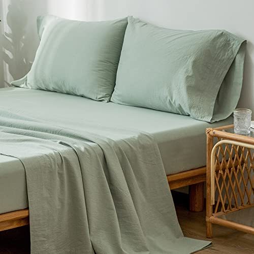 1   MooMee Bedding Sheet Set 100% Washed Cotton Linen Like Textured Breathable Durable Soft Comfy (Dark Grey, King)