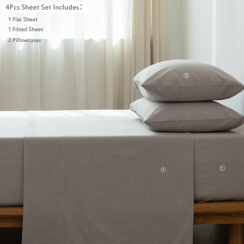 1   MooMee Bedding Sheet Set 100% Washed Cotton Linen Like Textured Breathable Durable Soft Comfy (Dark Grey, King)