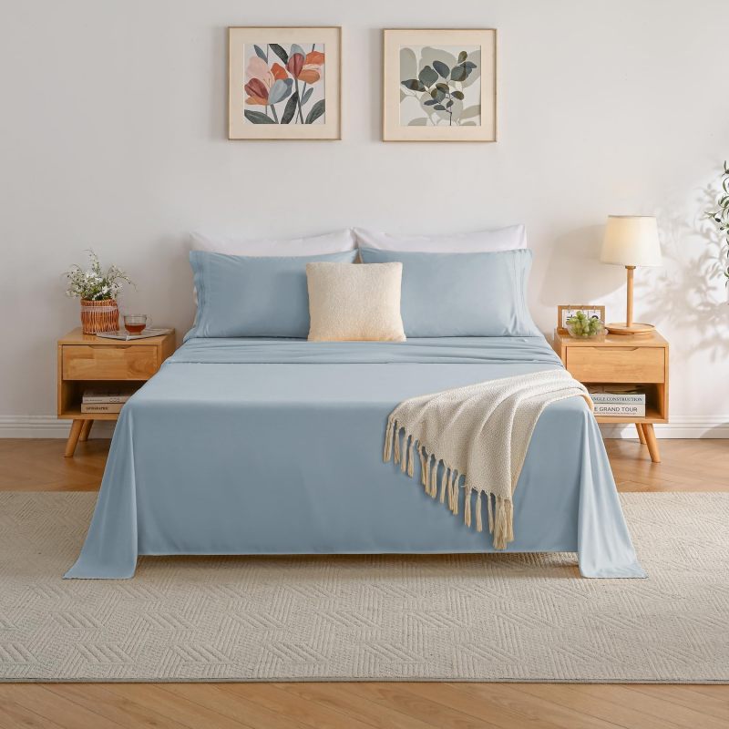 1    Baby Blue Full Size Bed Sheet Sets-Deep Pocket Fitted Sheet & Pillowcase Sets-4 Piece Soft Cooling Microfiber Bedsheets for Double Bed