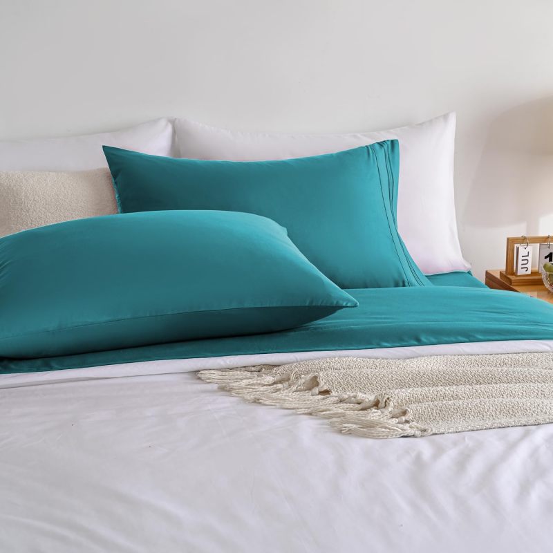 1    Baby Blue Full Size Bed Sheet Sets-Deep Pocket Fitted Sheet & Pillowcase Sets-4 Piece Soft Cooling Microfiber Bedsheets for Double Bed