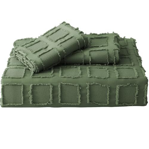 Waffle Weave Duvet Cover Set Mist Sage Tufted Duvet Cover 100% Washed Microfiber Soft & Breathable Textured Comforter Cover Set with Zipper Closure Corner Ties