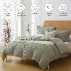 Waffle Weave Duvet Cover Set Mist Sage Tufted Duvet Cover 100% Washed Microfiber Soft & Breathable Textured Comforter Cover Set with Zipper Closure Corner Ties