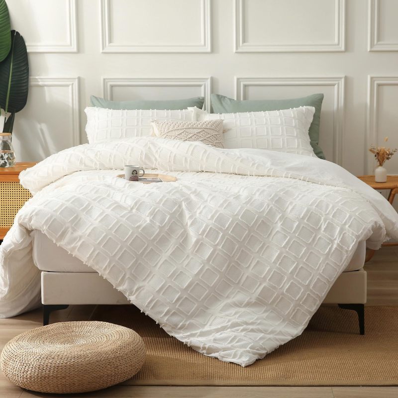Waffle Weave Duvet Cover Set Mist Sage Tufted Duvet Cover 100% Washed Microfiber Soft & Breathable Textured Comforter Cover Set with Zipper Closure Corner Ties