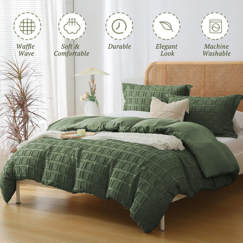 Waffle Weave Duvet Cover Set Mist Sage Tufted Duvet Cover 100% Washed Microfiber Soft & Breathable Textured Comforter Cover Set with Zipper Closure Corner Ties