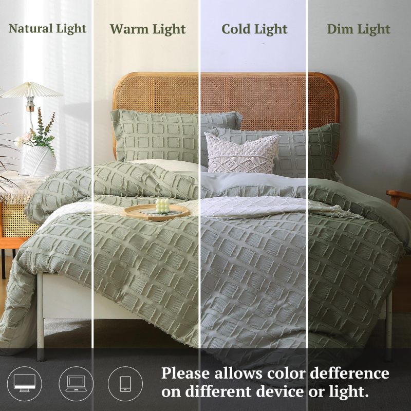 Waffle Weave Duvet Cover Set Mist Sage Tufted Duvet Cover 100% Washed Microfiber Soft & Breathable Textured Comforter Cover Set with Zipper Closure Corner Ties