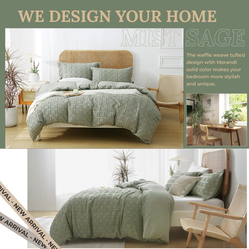 Waffle Weave Duvet Cover Set Mist Sage Tufted Duvet Cover 100% Washed Microfiber Soft & Breathable Textured Comforter Cover Set with Zipper Closure Corner Ties
