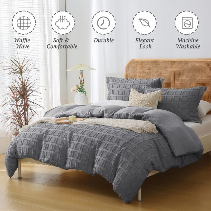 Waffle Weave Duvet Cover Set Mist Sage Tufted Duvet Cover 100% Washed Microfiber Soft & Breathable Textured Comforter Cover Set with Zipper Closure Corner Ties