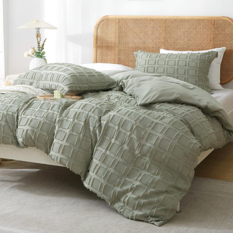 Waffle Weave Duvet Cover Set Mist Sage Tufted Duvet Cover 100% Washed Microfiber Soft & Breathable Textured Comforter Cover Set with Zipper Closure Corner Ties